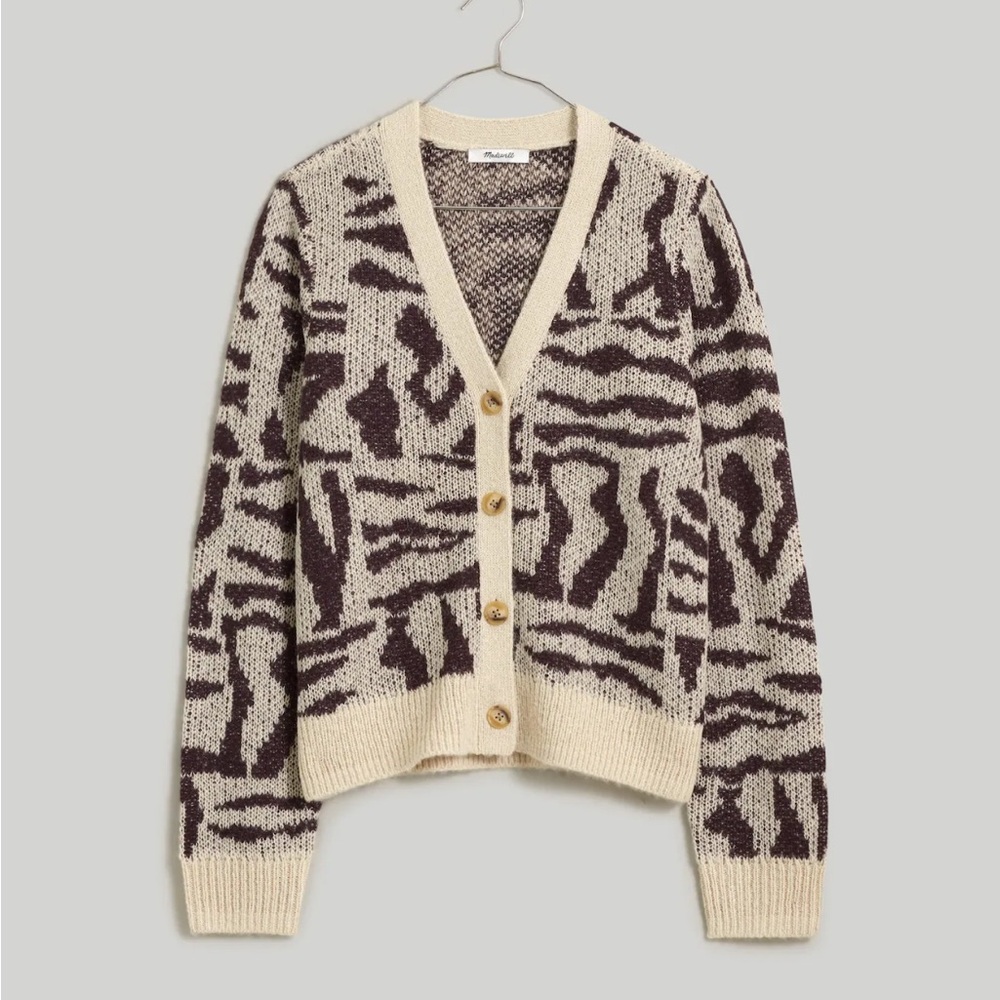 Madewell Cream and Brown Cardigan Sweater with Abstract Print